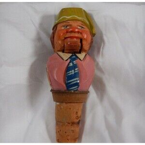 ANRI Italy Mechanical Cork Stopper Hand carved Man Pink Shirt Green Hat